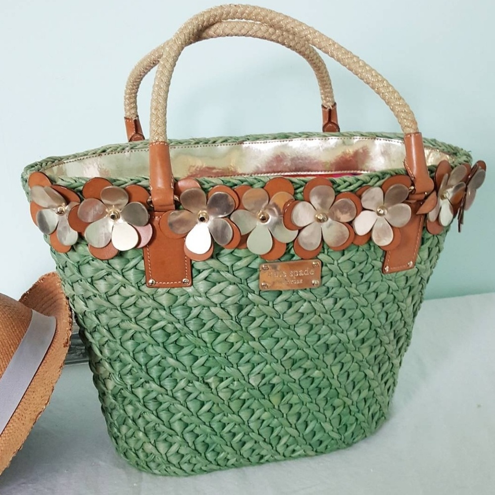 RARE Kate Spade Green Gold Straw Tote & Hat Combo